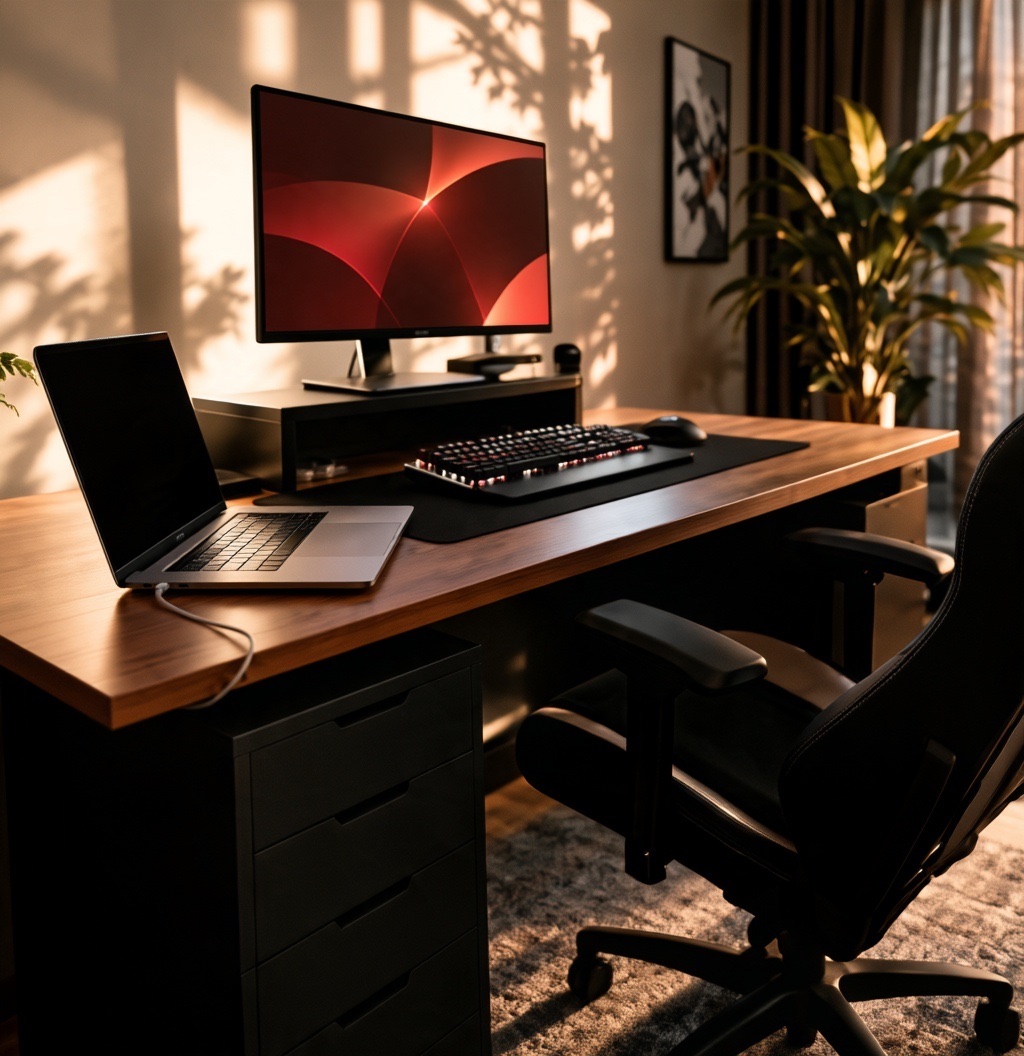 Grindwise workspace: a laptop, a monitor with a red screen and evening light